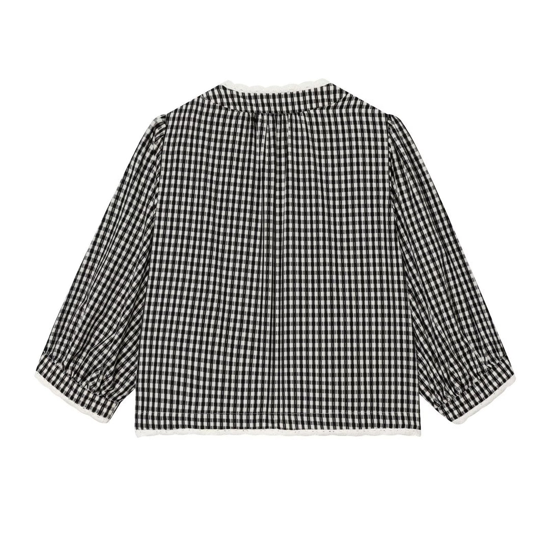 Damen Karierte Baumwollbluse mit Häkelspitze, Bindeband und dreiviertelärmeln Echoarchiv