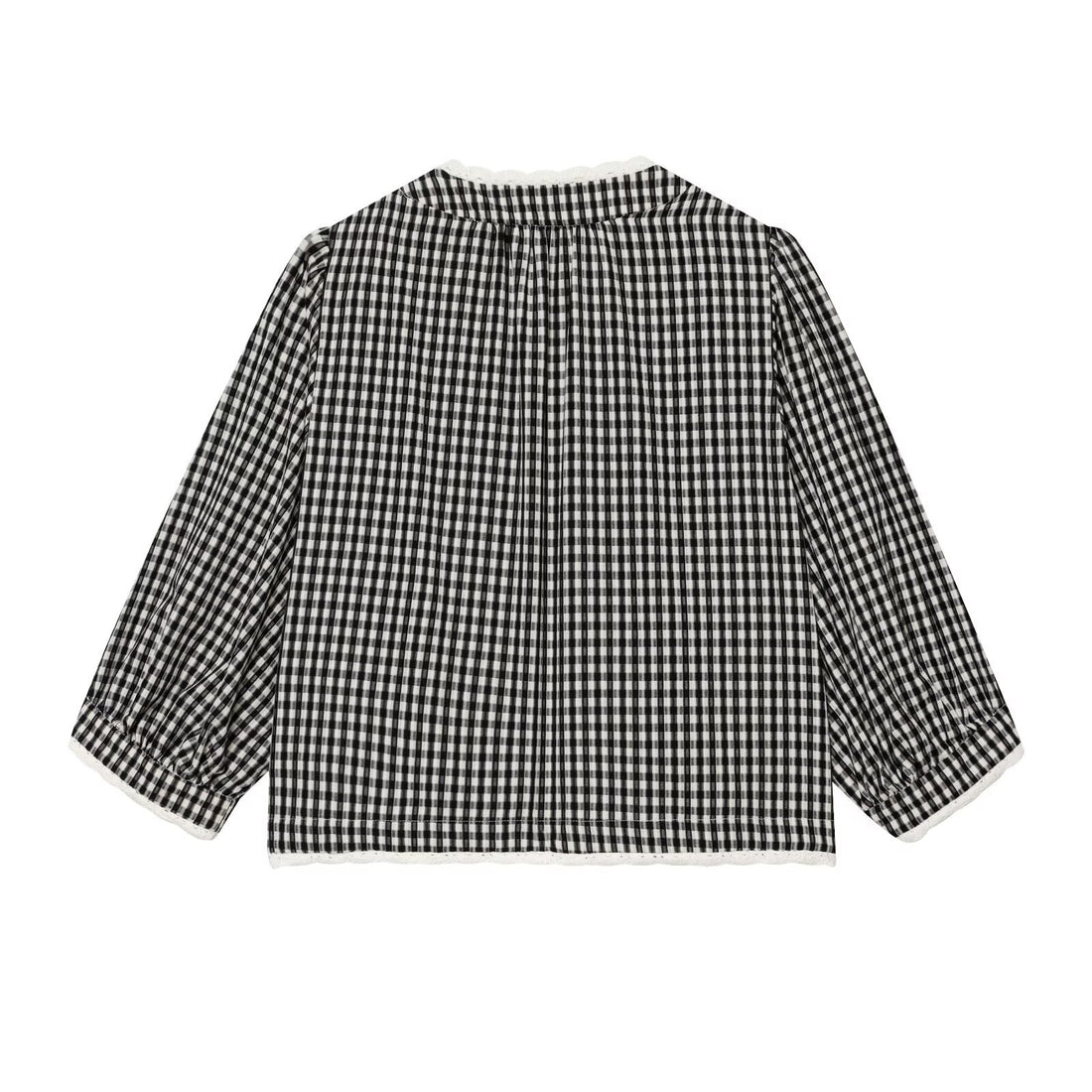 Damen Karierte Baumwollbluse mit Häkelspitze, Bindeband und dreiviertelärmeln Echoarchiv