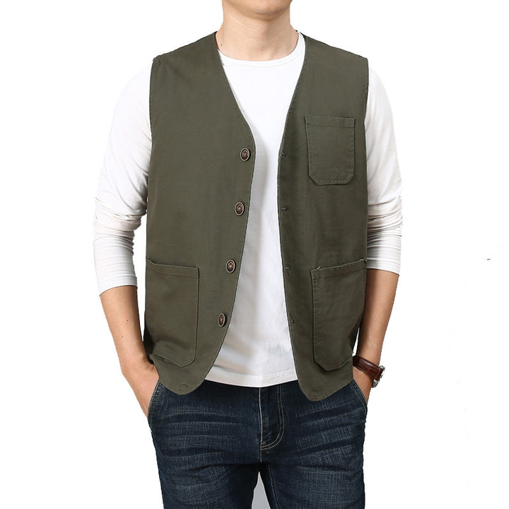 Unisex Canvas-Utility-Weste mit gestreiftem Innenfutter, aufgesetzten Taschen und Knopfverschluss – Marzano