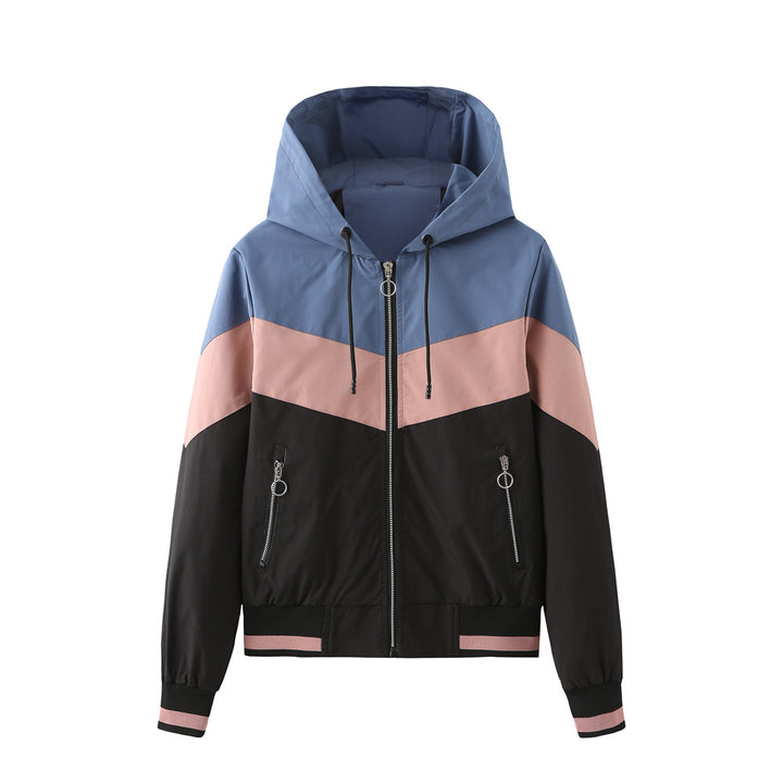 Damen nan leichte Windbreaker-Jacke mit Kapuze, Blockpaneel-Design, Reißverschlusstaschen und elastischem Saum Echo Archiv