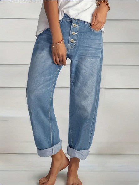 Damen High‑Waist Relaxed-Fit Jeans im Boyfriend-Stil mit Sichtbarer Knopfleiste und Aufgekrempeltem Saum Echo Archiv