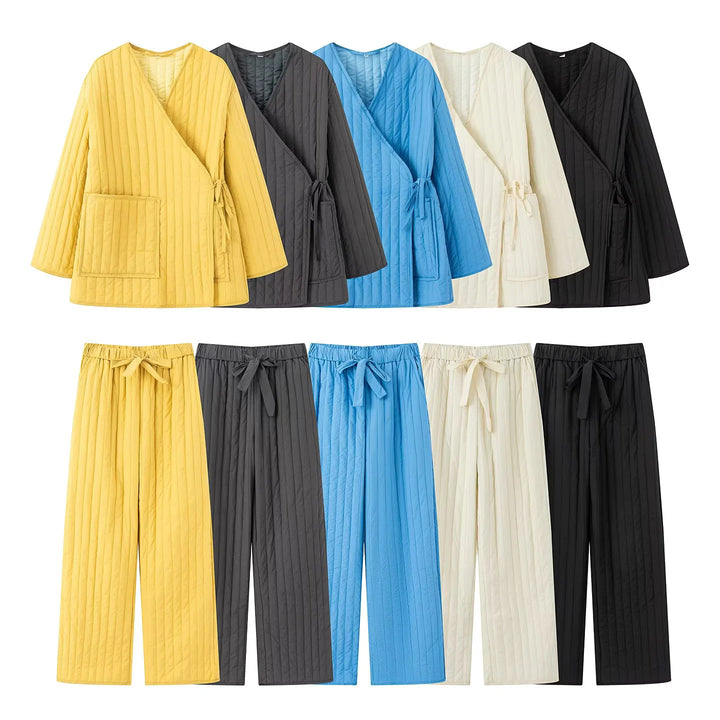 Damen gesteppter Kimono-Wickel-Loungewear-Set mit weiter Bundhose – Élanora