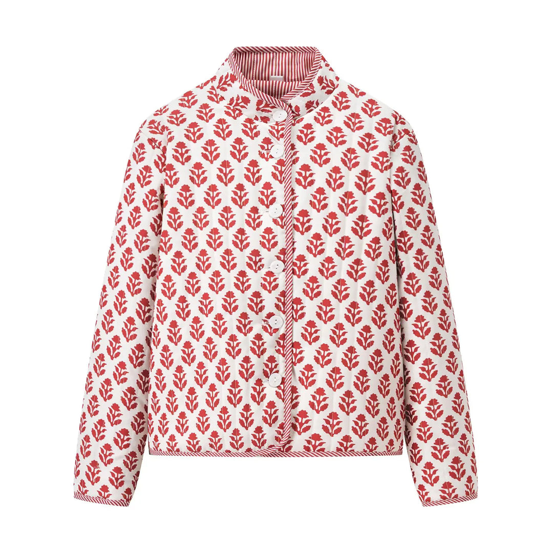 Damen leichte gesteppte Blusenjacke mit Stehkragen, Zierpaspel und floraler Allover‑Steppung – Célinea