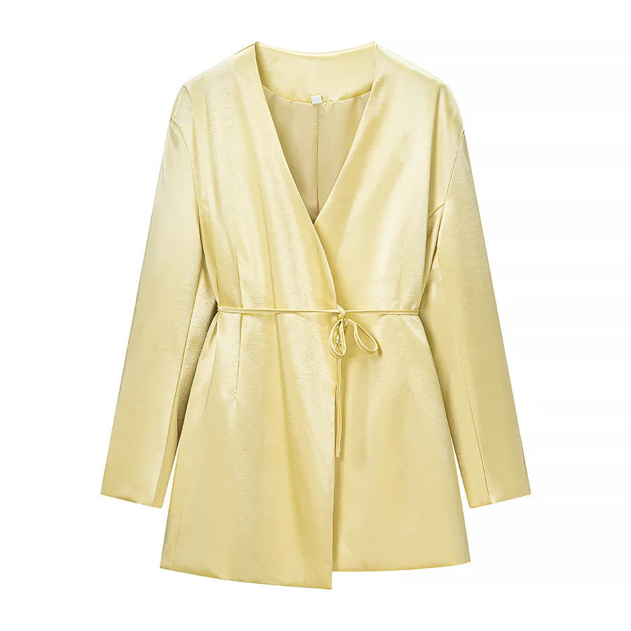 Damen elegantes Zweiteiler-Set mit Wickelblazer, taillierendem Bindegürtel und weitem Palazzohose – Valéne