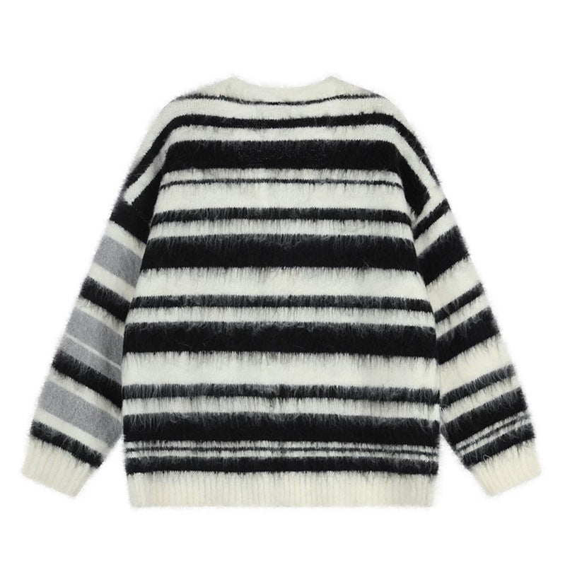 Damen Oversize-Strickjacke mit V‑Ausschnitt, kuscheliger Mohair‑Optik und gestreiftem Muster Echoarchiv