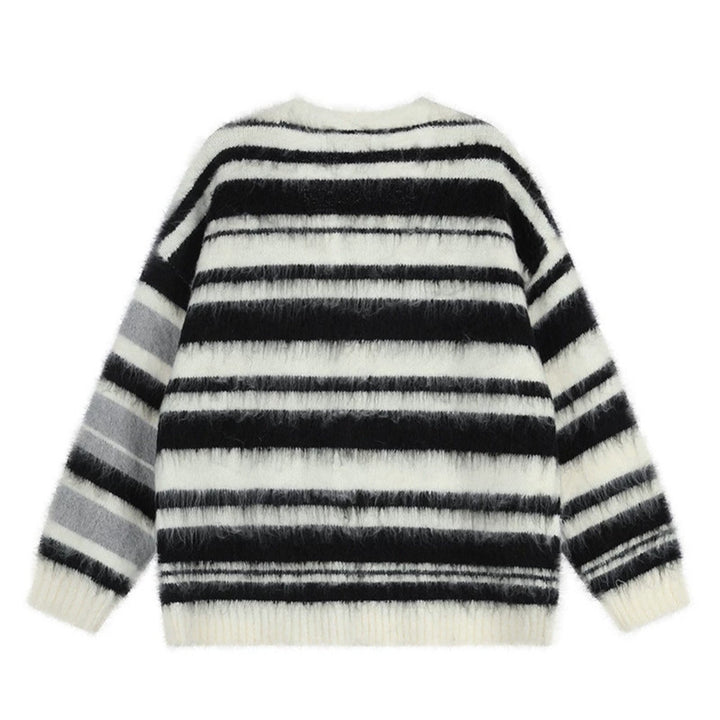 Damen Oversize-Strickjacke mit V‑Ausschnitt, kuscheliger Mohair‑Optik und gestreiftem Muster Echoarchiv