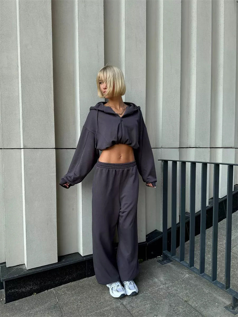 Damen cropped Kapuzenzipper mit Ballonärmeln und elastischem Saum – Auréline