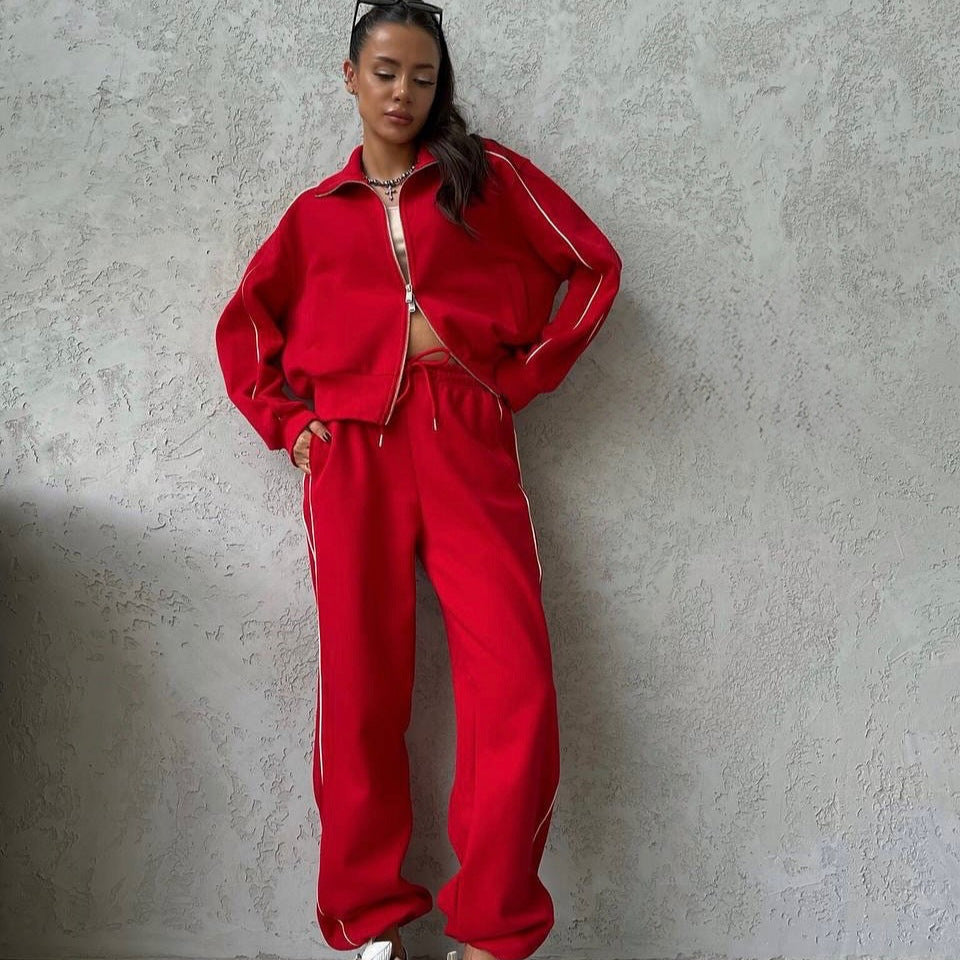 Damen lässiges Sweatset mit Stehkragen Reißverschluss gekürzter Jacke und hochtaillierter Schlaghose – Avérine
