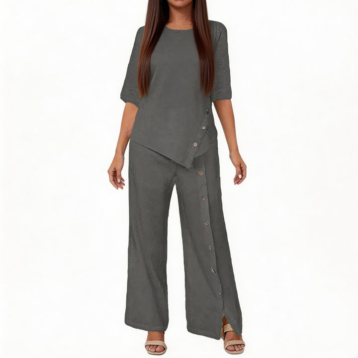 Damen asymmetrisches zweiteiliges Lounge-Set mit 3/4-Ärmeln und seitlicher Knopfverzierung Echoarchiv