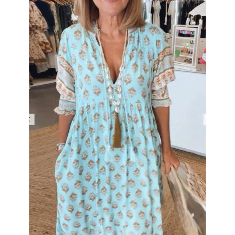 Damen Boho-Stil Kleid mit geflochtener Schnürung und handgefertigten Details Echoarchiv