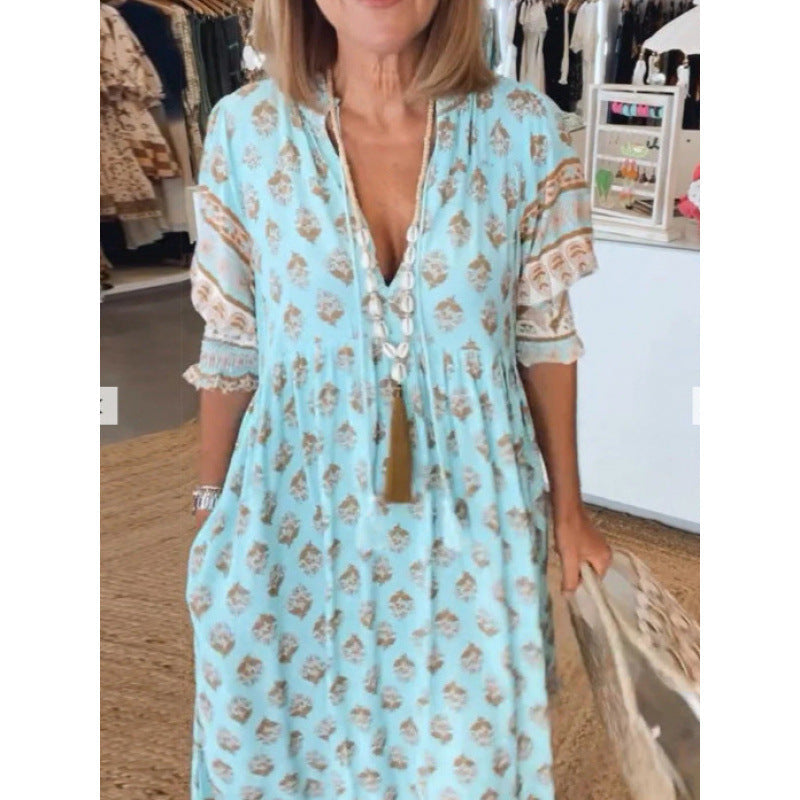 Damen Boho-Stil Kleid mit geflochtener Schnürung und handgefertigten Details Echoarchiv