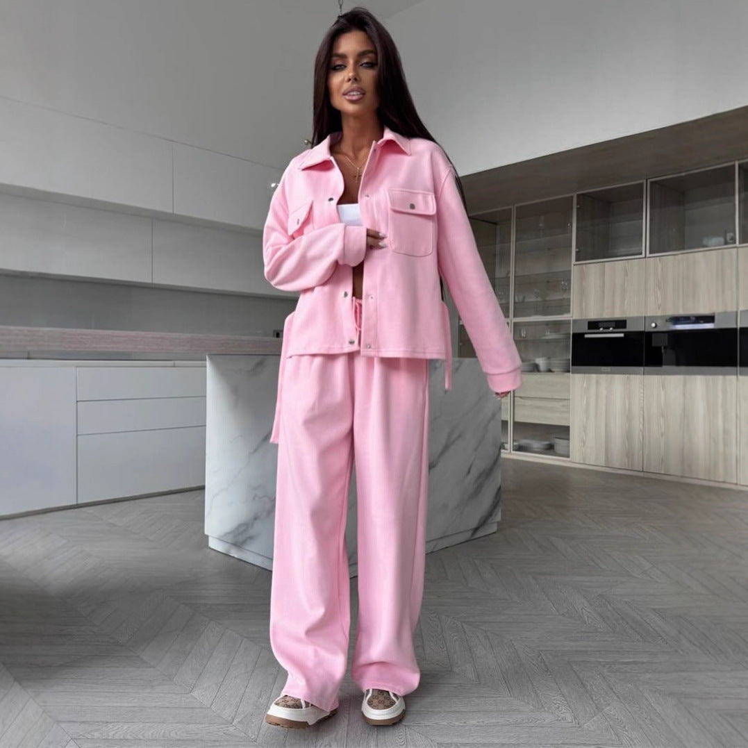 Damen Zweiteiliges Loungewear-Set mit tailliertem Blouson, Bindegürtel und weiter Palazzo-Hose – Élanora