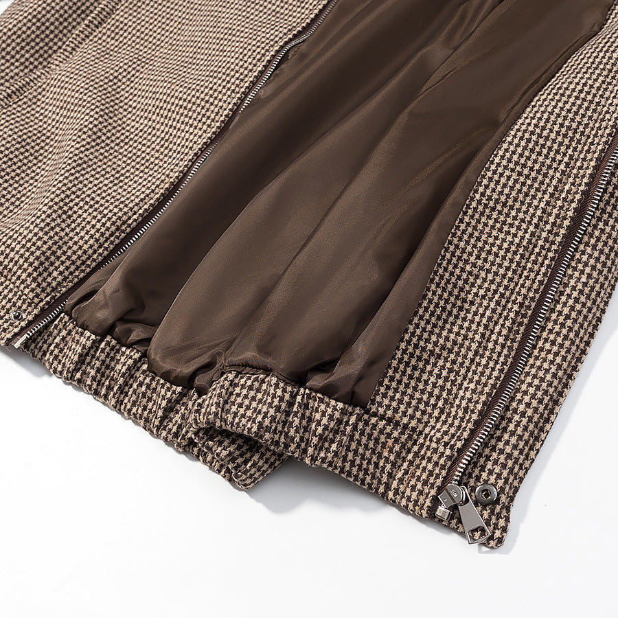 Damen Kurze Boxy-Übergangsjacke im Hahnentritt mit Stehkragen und Gummibund Echoarchiv