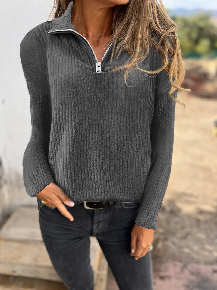 Damen Rippstrickpullover mit halbem Reißverschluss und Stehkragen Echoarchiv