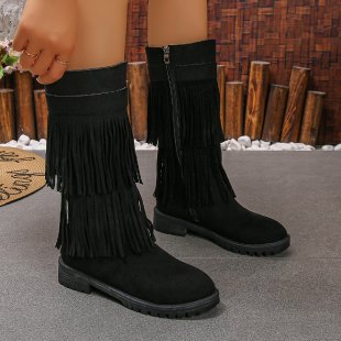 Damen Mid‑Calf Fransenstiefel aus Veloursimitat mit mehrlagigen Fransen und profilierter Gummisohle Echo Archiv