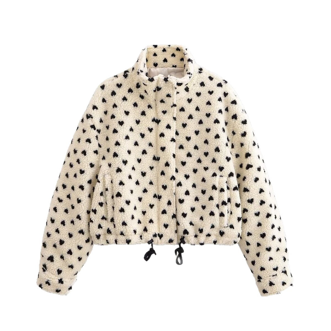 Damen Teddyjacke mit Herz-Allover, kurzer Boxy‑Schnitt, Stehkragen und Tunnelzug Echo Archiv