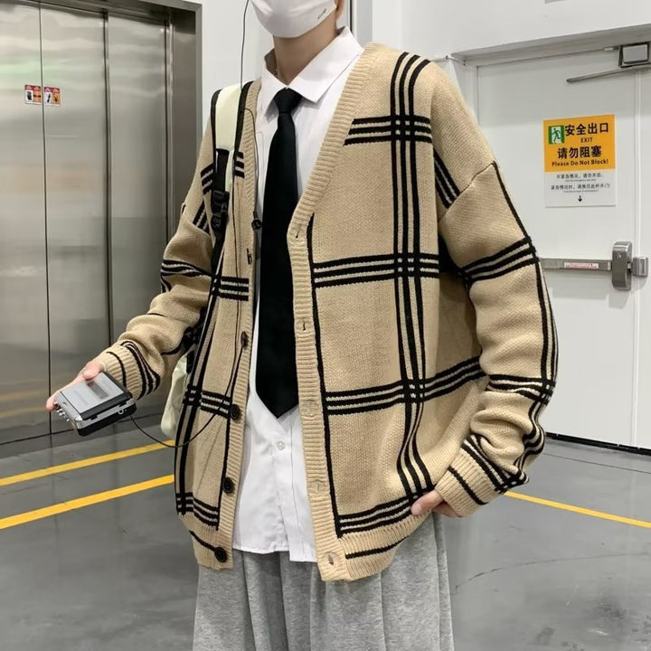 Herren Modischer Grobstrick Cardigan mit Karomuster Echoarchiv