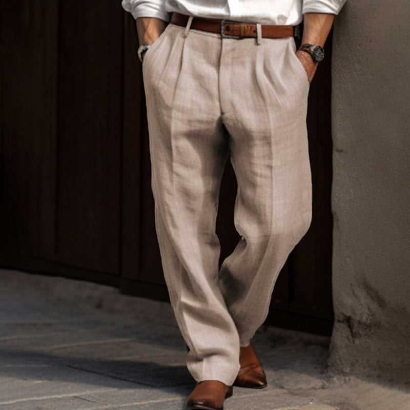 Herren Leinenmischung Plissee-Hose mit weitem Bein und hoher Taille Echoarchiv