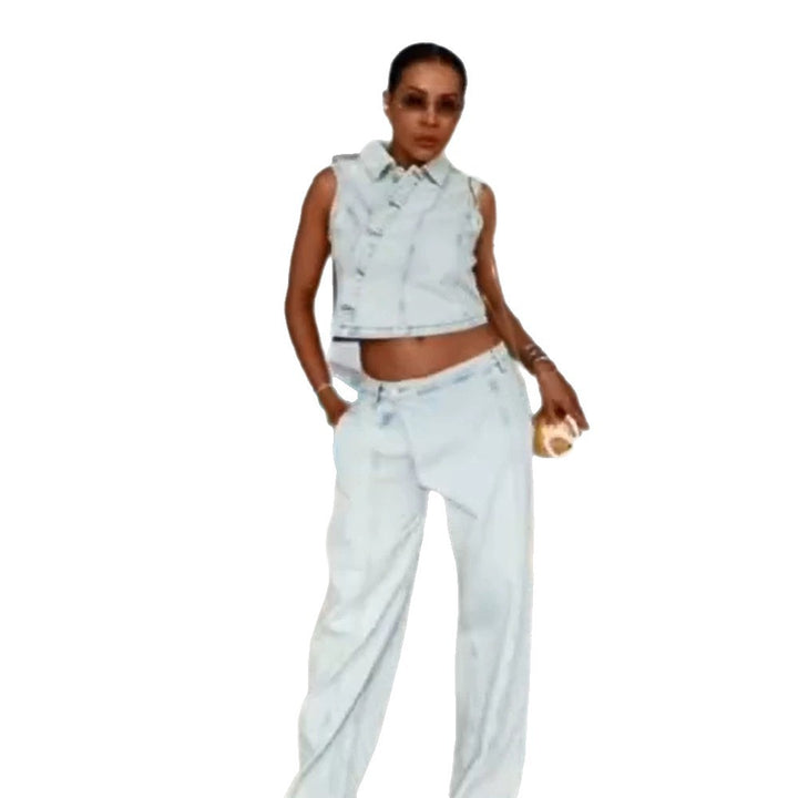 Damen Gekürztes ärmelloses Denim-Set mit taillierter Weste & weiter High-Waist-Hose Echoarchiv