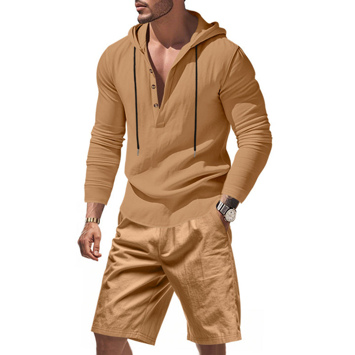 Herren lässiges Kapuzenshirt mit modernem Knopfleisten-Design und bequemen Shorts Echoarchiv