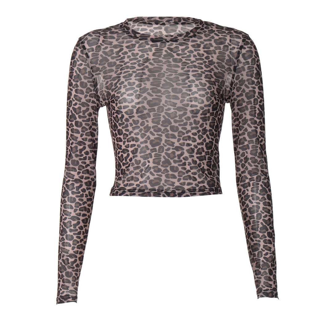 Damen Modisches, figurbetontes Langarm-Crop-Top mit Leo-Muster Echo Archiv