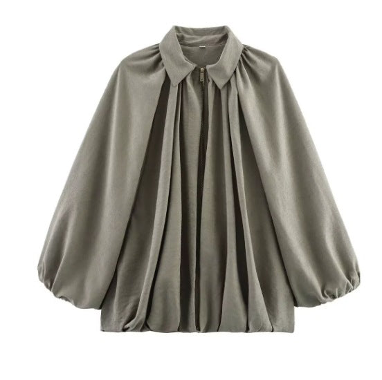 Damen 100+ weite geraffte Blusenjacke mit Hemdkragen und Frontreißverschluss Echo Archiv
