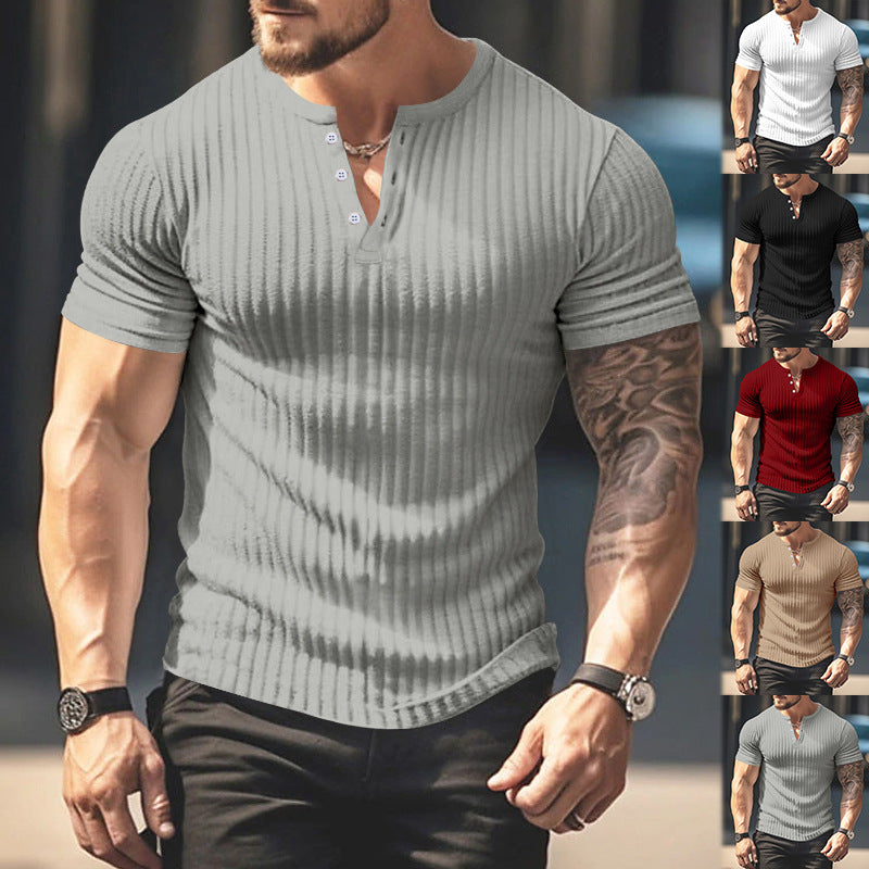 Herren kurzärmeliges Henley-T-Shirt mit strukturiertem Rippdesign und praktischem Knopfverschluss Echoarchiv