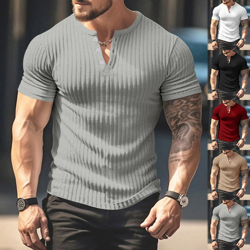 Herren kurzärmeliges Henley-T-Shirt mit strukturiertem Rippdesign und praktischem Knopfverschluss Echoarchiv