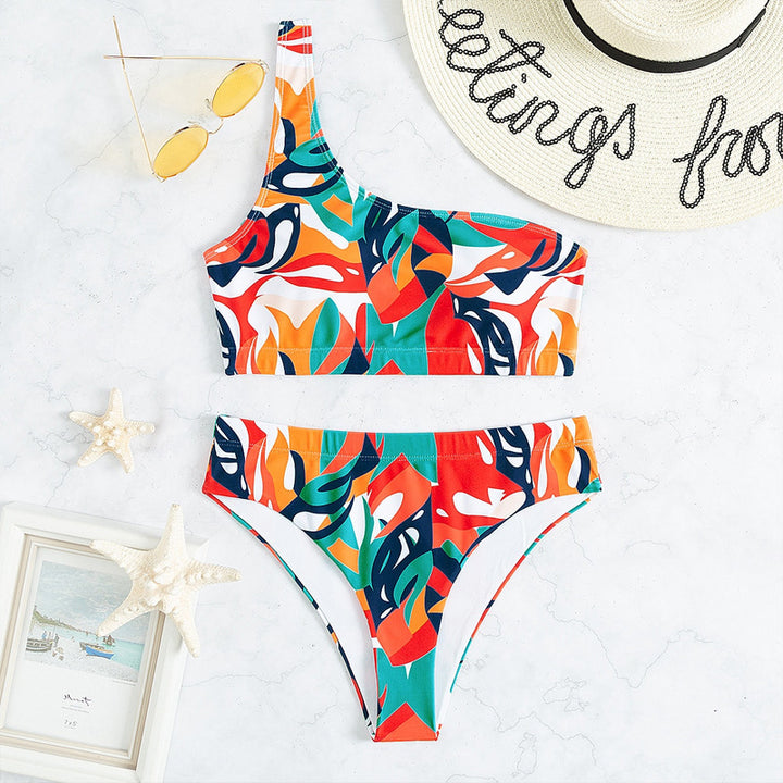 Damen einseitiger Bikini mit modischem floralem Print und hohen Beinausschnitten Echo Archiv