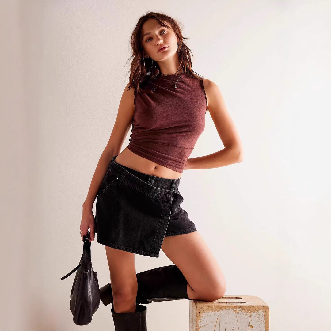 Damen modischer A-Linien-Denimrock mit asymmetrischem Knopfdesign und praktischen Taschen Echo Archiv