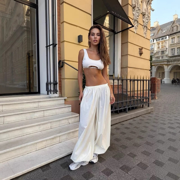 Damen weit geschnittene High-Waist Palazzo-Hose mit elastischem Bund und fließender Sommerqualität – Avélisse