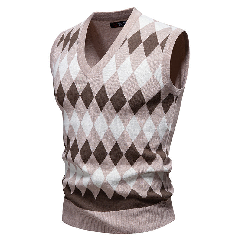 Herren ärmelloser Pullover mit rautenförmigem Muster und modernem V-Ausschnitt Echoarchiv