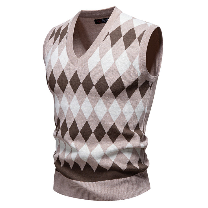 Herren ärmelloser Pullover mit rautenförmigem Muster und modernem V-Ausschnitt Echoarchiv