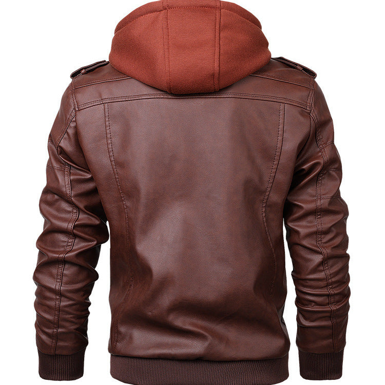 Herren Modische Lederjacke mit abnehmbarer Kapuze – Valtoré