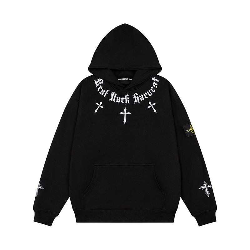 Unisex Oversize Kapuzenpullover mit Gothic-Kreuz-Print, Kängurutasche und Rippbündchen Echoarchiv