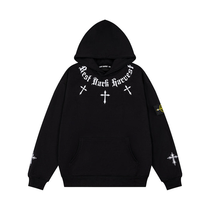 Unisex Oversize Kapuzenpullover mit Gothic-Kreuz-Print, Kängurutasche und Rippbündchen Echoarchiv