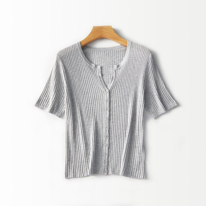 Damen Kurzärmeliger gerippter Knopfcardigan aus Feinstrick Echo Archiv