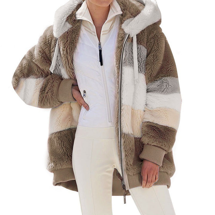 Damen nan oversized Kunstfell-Patchwork Kapuzenjacke mit Rippbündchen und Zweiwege-Reißverschluss Echo Archiv