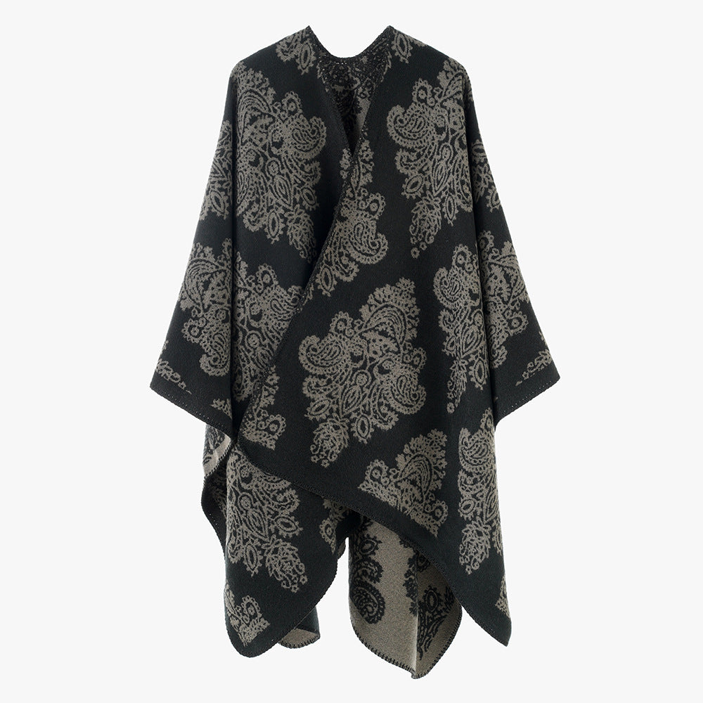 Damen Wollmix-Capeponcho mit beidseitigem Jacquard‑Paisley und kontrastierter Rollkante – Montévia