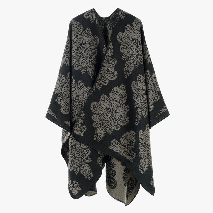 Damen Wollmix-Capeponcho mit beidseitigem Jacquard‑Paisley und kontrastierter Rollkante – Montévia