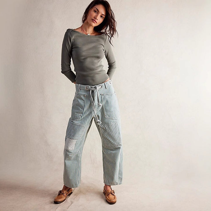 Damen nan lässige gestreifte Leinenhose mit Kordelzug und aufgesetzten Taschen Echo Archiv