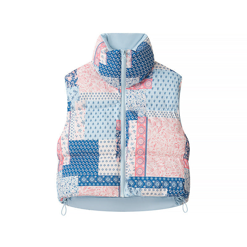 Damen gesteppte Weste mit floralem Allover-Print, hohem Stehkragen und verstellbarem Saum – Célinea