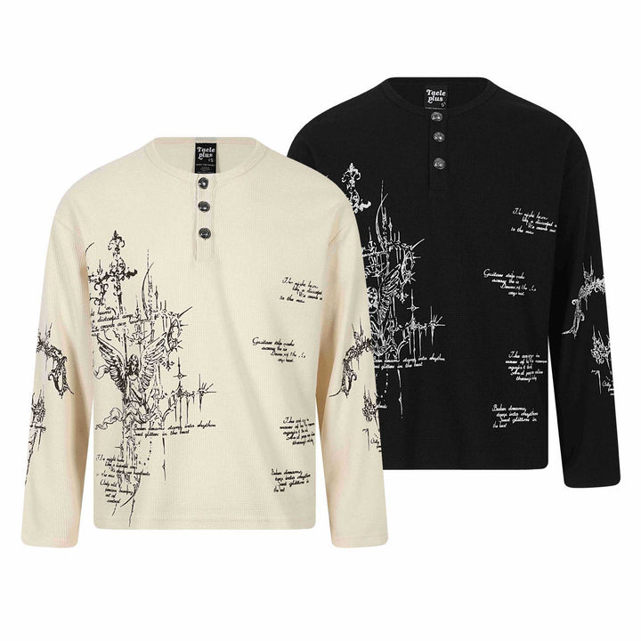 Unisex Waffelstrick-Henley-Langarmshirt mit 3‑Knopfleiste und Allover-Print Echoarchiv