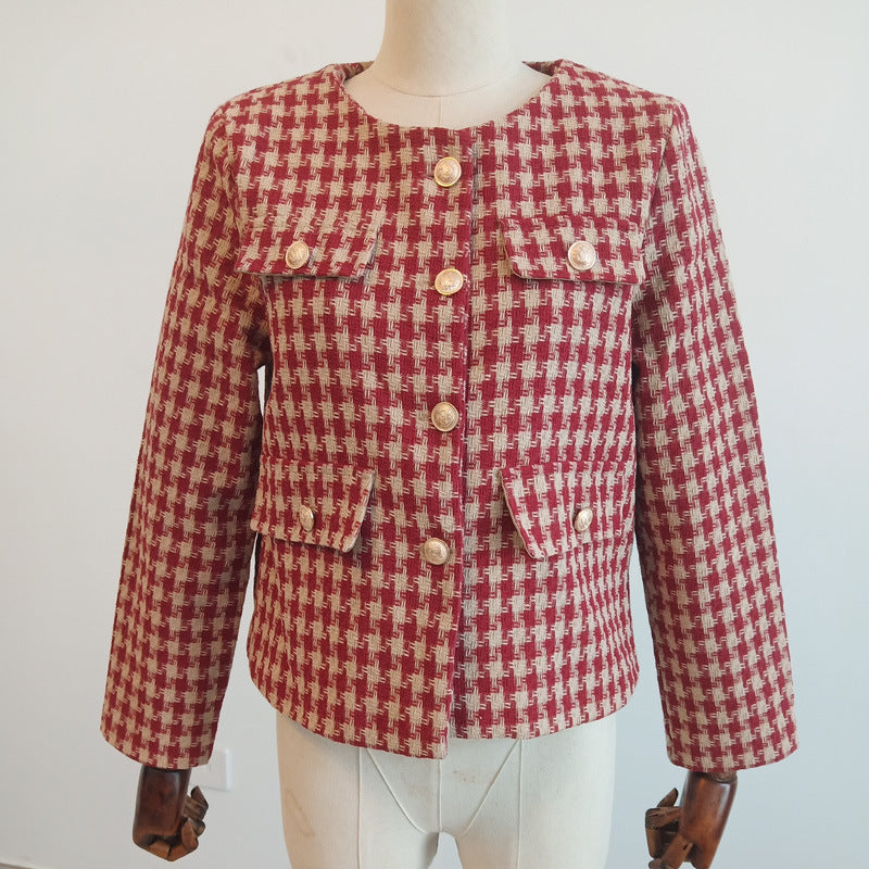 Damen taillierte Bouclé-Tweed-Jacke mit Hahnentrittmuster, goldenen Zierknöpfen und aufgesetzten Klappentaschen – Célinea