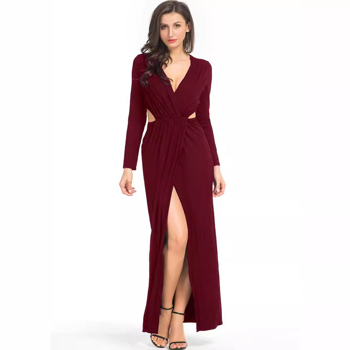 Damen Elegantes Jersey-Maxikleid im Wickelstil mit tiefem V‑Ausschnitt und tailliertem Gummibund Echoarchiv