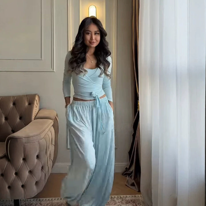 Damen Loungewear-Set mit Wickel-Cropped-Top und weiter Palazzo-Hose Echoarchiv