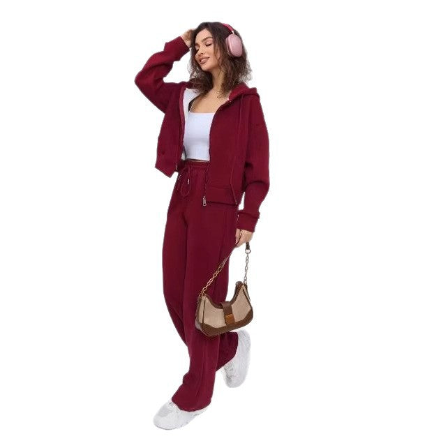 Damen zweiteiliges Cozy-Loungewear-Set mit Reißverschlusskapuze, taillenhoher Weitbein-Jogger und verdeckten Eingrifftaschen – Auréline