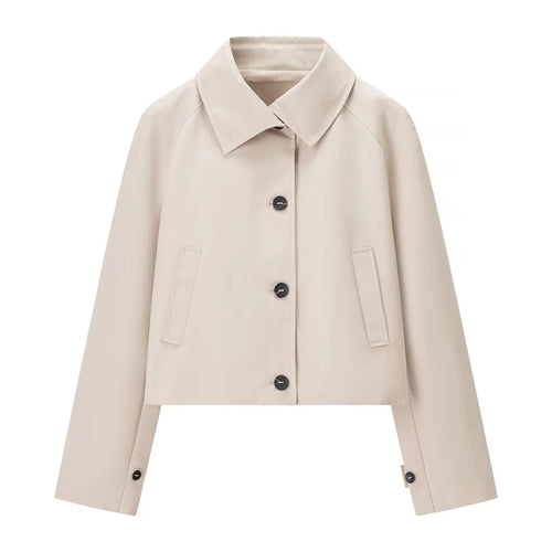 Damen kurz geschnittene wasserabweisende Cropped-Trenchjacke mit Hemdkragen und verdeckter Knopfleiste – Célinea