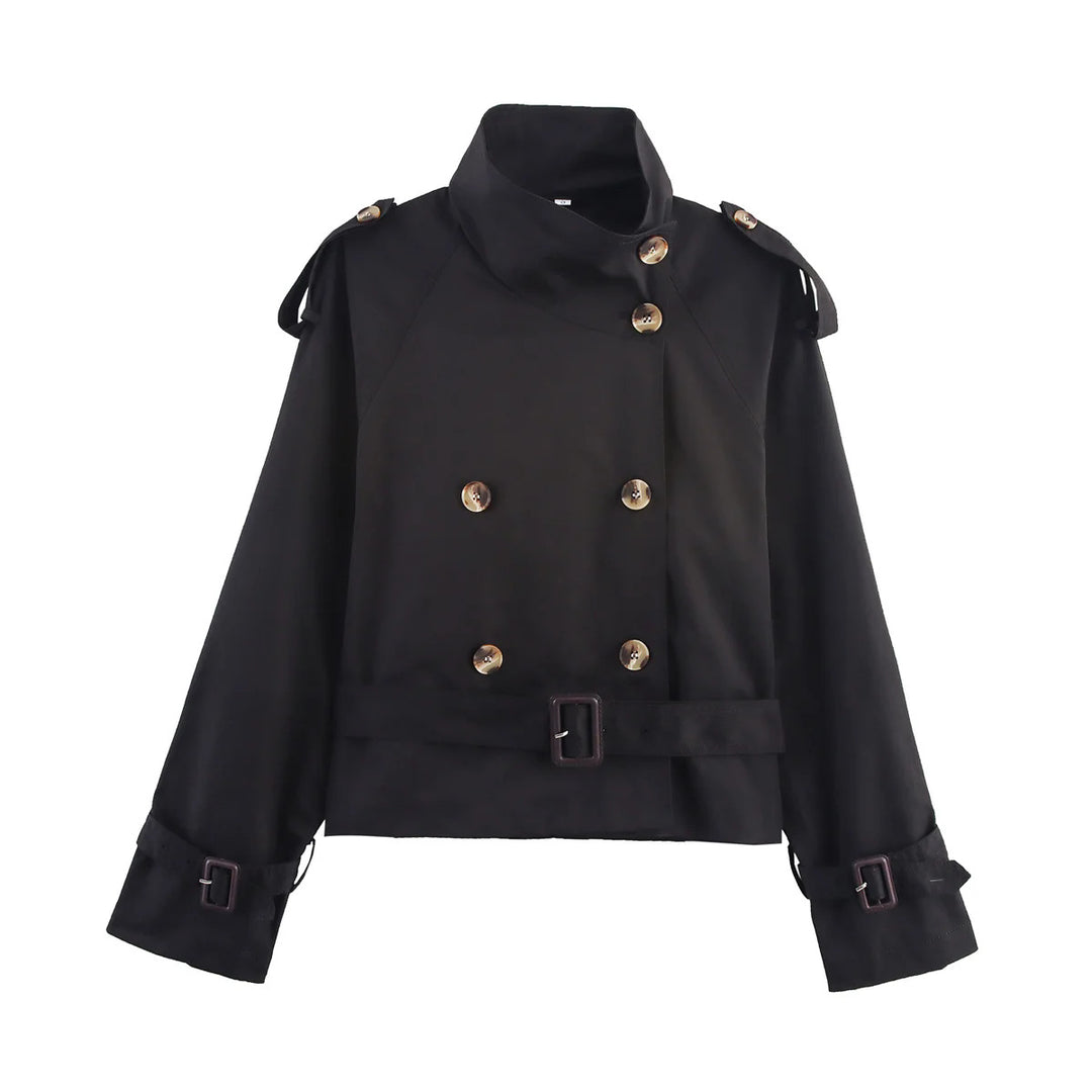 Damen kurz geschnittener Trenchcoat im Cropped-Stil mit doppelreiher, Schulterklappen und Taillengürtel – Montévia