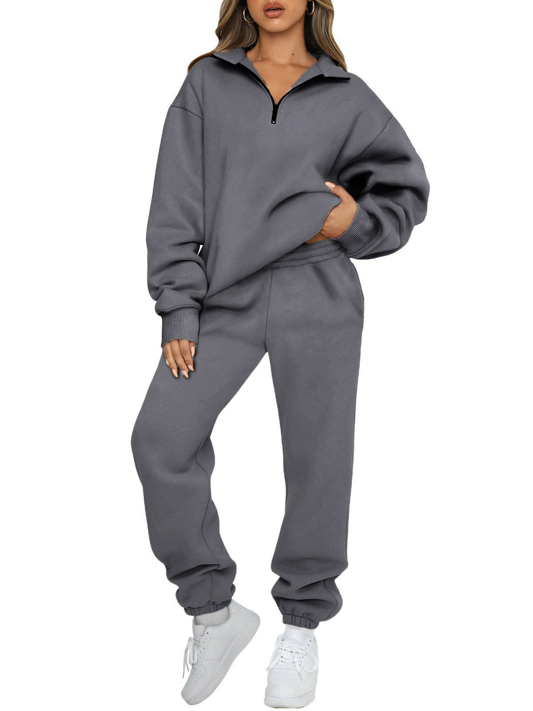 Damen oversized Sweatshirt Jogginghose Set mit Reißverschlusskragen – Avérine